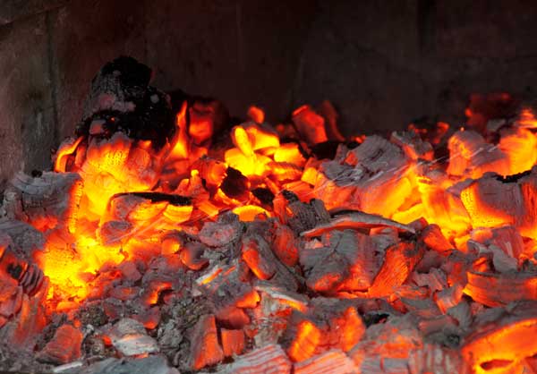 Hot burning coals in a wood burning stove