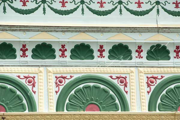 Painted tinplate building facade