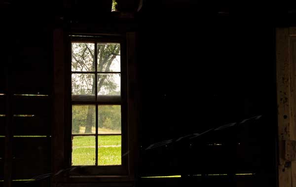 Window in the wall of an old wooden shed inside looking out  tree grass road