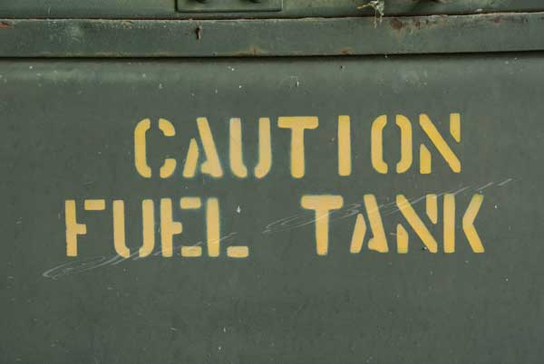 Caution Fuel Tank stenciled on a gas turbine engine generator
