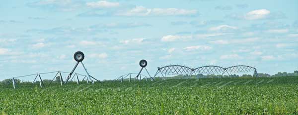 Farm field irrigation system blown over by straight-line winds in mid-Missouri