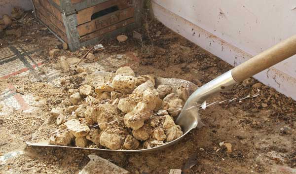 Mud dobber nests being scooped with a shovel out of an abandon house