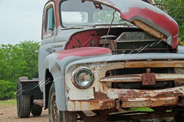 1953 International R-130 Series  Old International truck  being repaired  Hood open  Old, rusted International truck