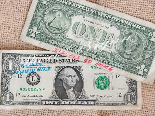 Political message written on one dollar bills, Money, $1, Illegal immigration, Minimum wage, Defacing money, Controversial message